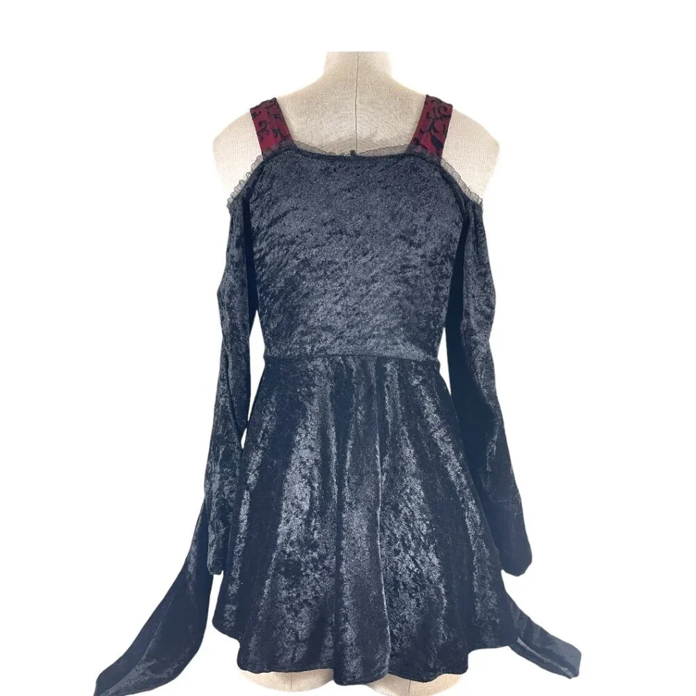 California Costume Black Velvet Burgundy w/ Mesh Elvira Sleeves Gothic Costume